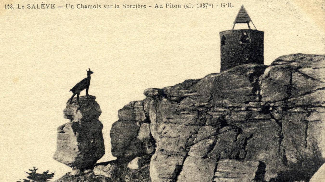 Gédéon Regard réalisait aussi des trucages : comme sur ce cliché, avec un chamois « rajouté » sur le rocher de la Sorcière, au Salève.