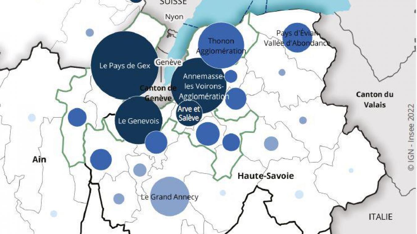 62% des frontaliers de la région Aura résident dans les zones françaises limitrophes du canton de Genève. (Crédit photo: Insee Auvergne-Rhône-Alpes)