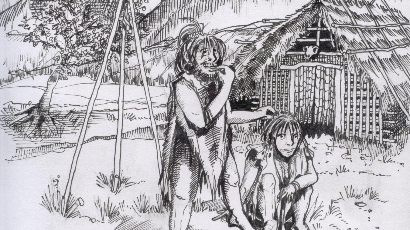 Un dessin de l'illustrateur Henry Duyn représentant des « Pygmées du Salève », installés sur le piémont du massif.