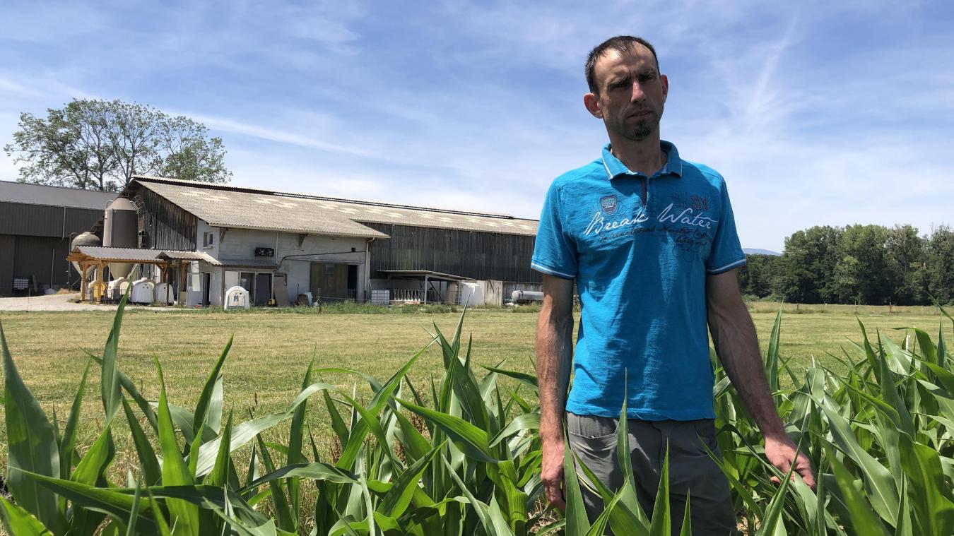 Fabien Dumont a repris la ferme familiale à Douvaine avec son frère en 2015. A droite, ses premiers stocks d’herbe et de foin.