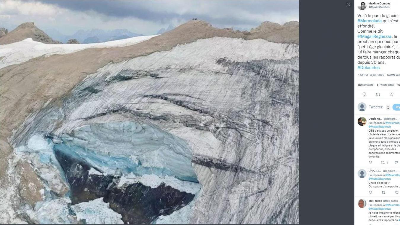 Un énorme sérac, un pan frontal du glacier s’est détaché et a provoqué une avalanche de glace et d’eau qui a tout emporté sur son passage.