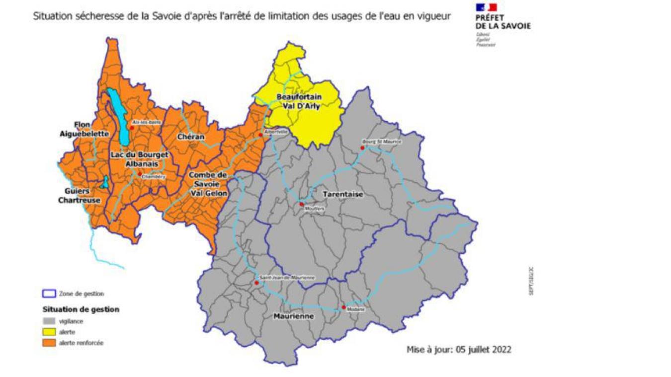 La carte émise par la préfecture indique la situation de l’alerte sécheresse en fonction des secteurs.