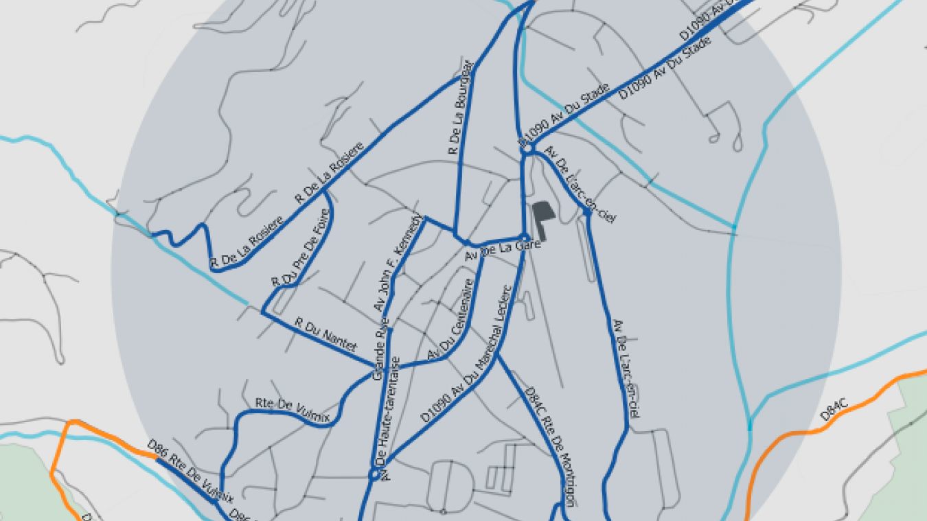 Les rues concernées par le passage à 30km/h (en bleu).