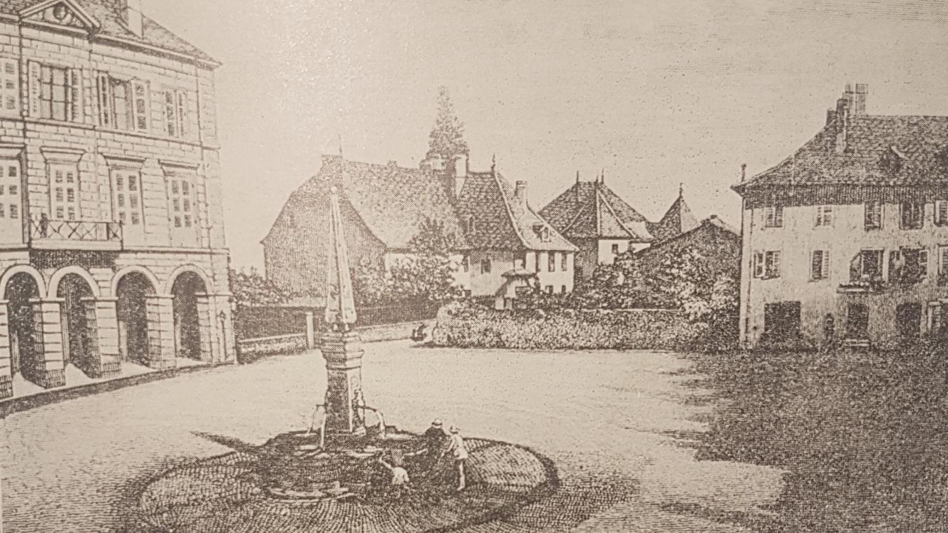 Une gravure de l'hôtel de ville de Thonon au milieu du XIXe siècle. C’est sur cette place qu’avait été installée la potence.