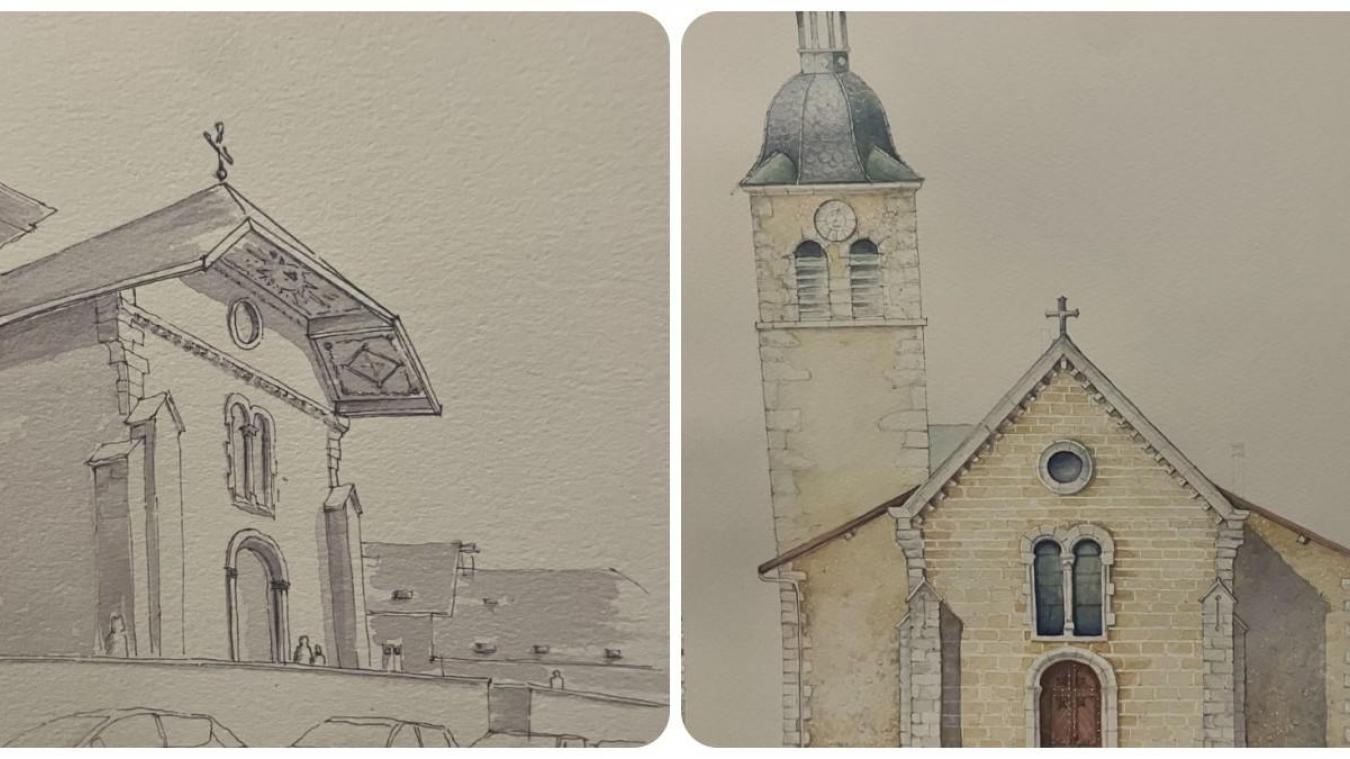 A gauche, un croquis d’architecte représentant le toit d’origine de l’église de Talloires, à droite, l’édifice actuellement.