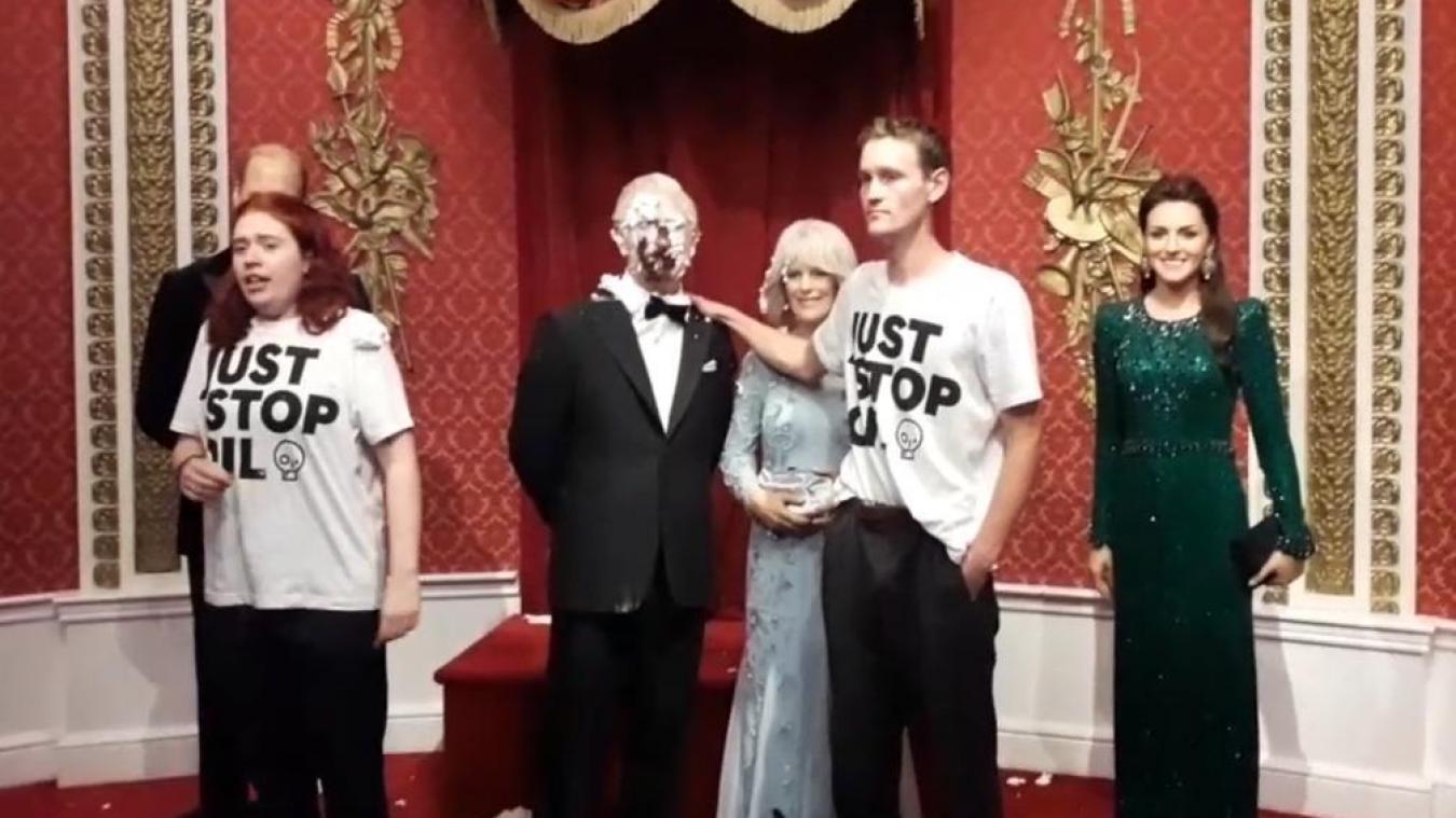 Des militants du groupe Just Stop Oil ont entarté l’effigie de cire du roil Charles III au musée Madame Trussauds de Londres, ce lundi 24 octobre.