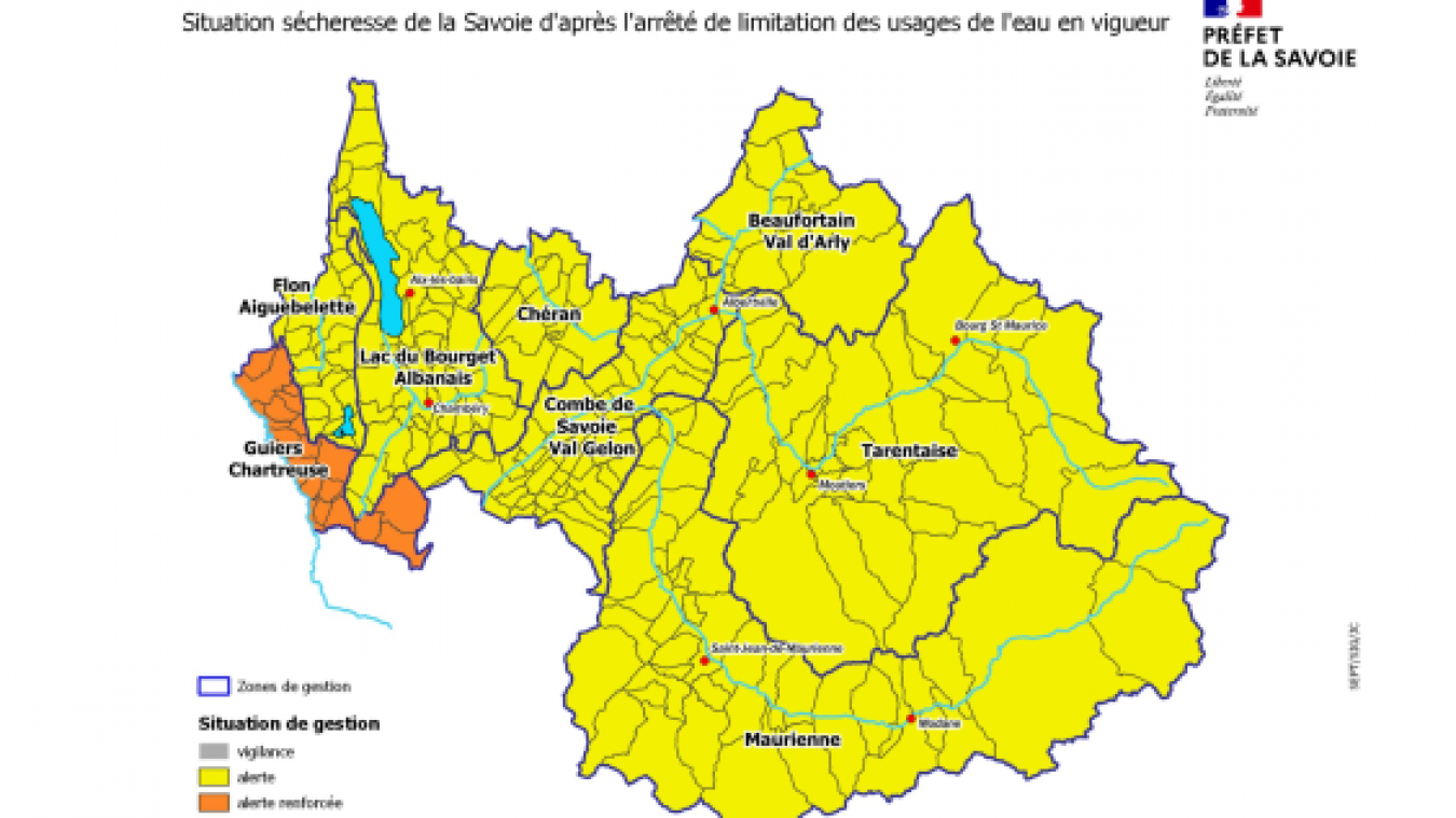 Les bassins versants du Beaufortain-Val d’Arly, de la Combe de Savoie-Val Gelon, de Chéran, du lac du Bourget-Albanais et du Flon-Aiguebelette descendent du statut d’alerte renforcée à celui d’alerte simple. La Maurienne et la Tarentaise étaient déjà en alerte. Le bassin du Guiers-Chartreuse demeure en alerte renforcée.