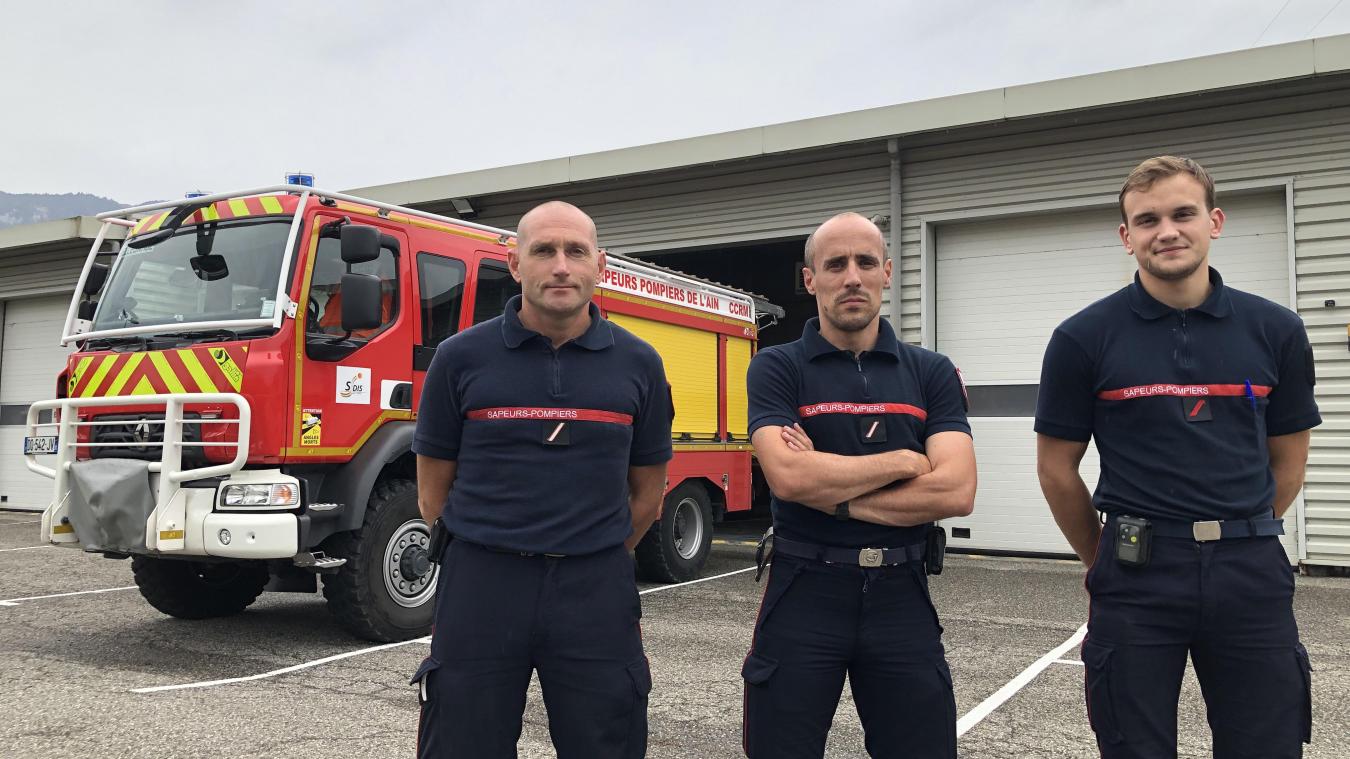 De gauche à droite, les sergents Mickaël Pasquier, Michaël Roubaud, et le 1ère classe volontaire, Evan Asperti, pompiers au centre d’incendie et de secours de Valserhône.