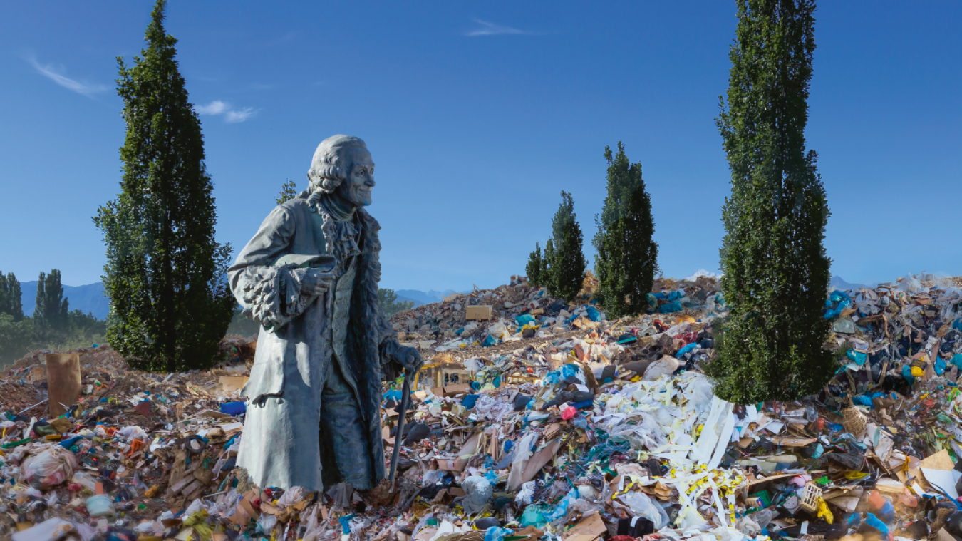 Un des 6 visuels de la campagne choc de la ville de Ferney. La statue de Voltaire emportée jusqu’au parc de la Tire par une marée de déchets...