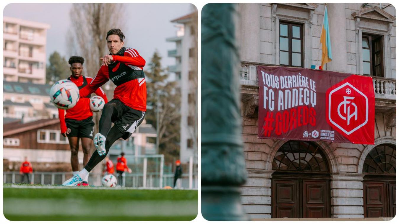 Alors que les Rouges du Fécé vont se mesurer à l’OM, mercredi 1er mars 2023, l’hôtel de ville d’Annecy s’est mis aux couleurs du club.