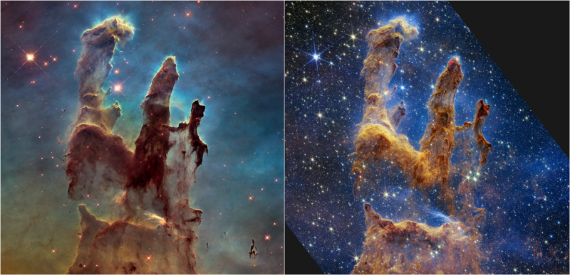 À gauche, la première image capturée par Hubble, revisitée en 2014. À droite la nouvelle vue en lumière infrarouge de James Webb.