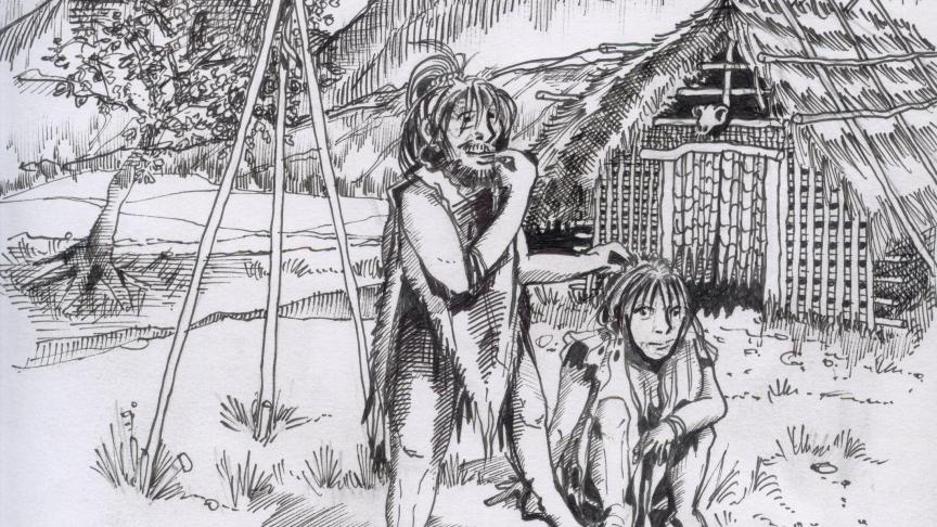 Un dessin de l'illustrateur Henry Duyn représentant des « Pygmées du Salève », installés sur le piémont du massif.