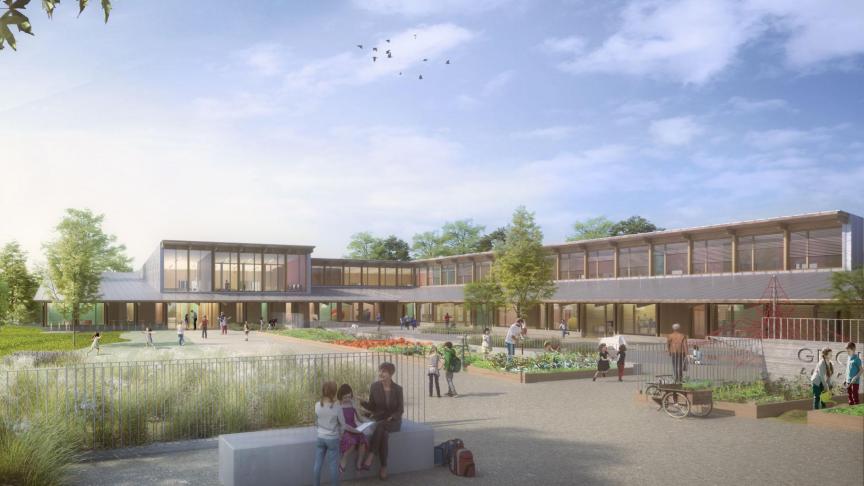 La future école Vert-Bois veut s’intégrer dans le paysage très naturel du parc du Talweg. En bas, le chantier en cours en juin 2022.
