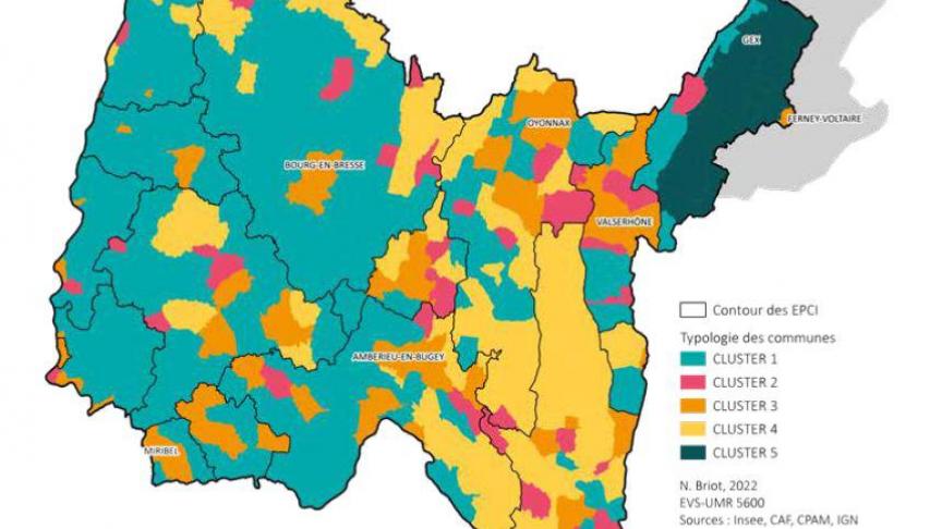 «L’Ain est un département attractif avec un solde démographique positif, mais les évolutions différenciées des territoires ont des effets sur la pauvreté», selon l’étude. (Carte: Ninon Briot, ENS de Lyon).