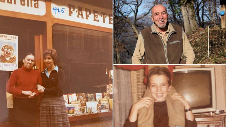 A gauche, la façade de la libraire des parents de Pierre-Marie Carella. A droite, lui-même, aujourd’hui et au début des années 70.