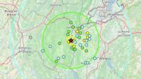 L’étoile en rouge correspond au lieu de l’épicentre, Surjoux. Le cercle vert entoure la zone où le niveau d’intensité attendu (magnitude 3) pouvait être ressenti. ©franceseisme.fr