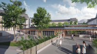 La vue du projet depuis la cour des maternelles (à gauche), avec le préau et le nouvel espace sportif. A droite, une vue d’un possible aménagement végétalisé.