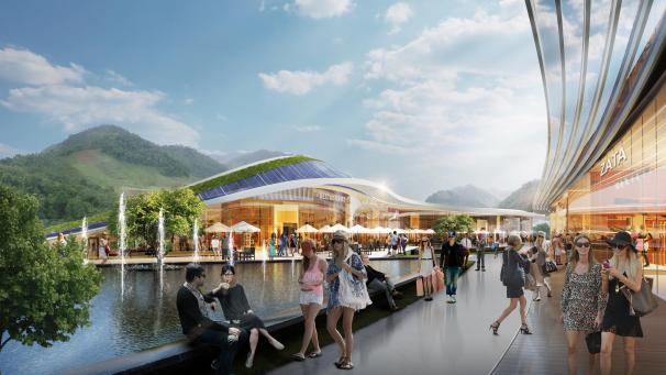 Le futur centre commercial Open Sky, en cours de construction au Grand Épagny, sera aménagé le long d’une grande promenade avec un bassin.